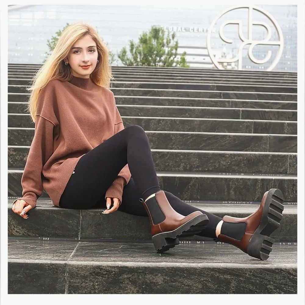 NEW - Women's Platform Chelsea Boots Chunky Heel‎ Slip On Elastic